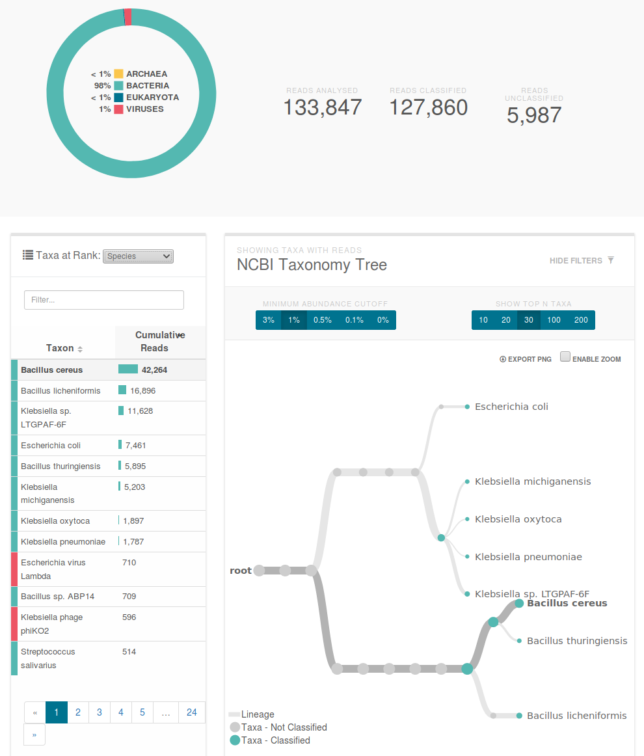 Classification of our data.  The primary species are types of bacillus and klebsiella.  You can see a klebsiella phage which is a virus that preys on the similarly named bacteria.